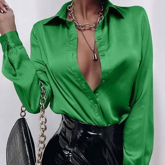 Satin silky button up down shirt sexy business professional casual holiday - Picture 4 of 16